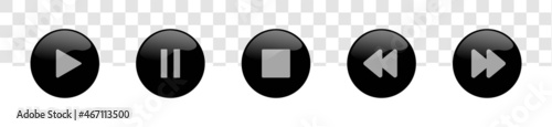 Media player button icon set. Video and audio player navigations symbol on black color.