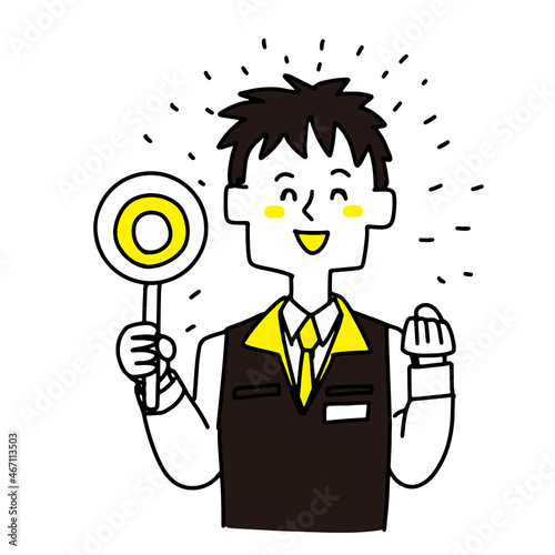 丸の札を持っている家電量販店の店員