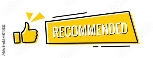 Banner with recommended word. Yellow vector illustration banner recommended with thumbs up.