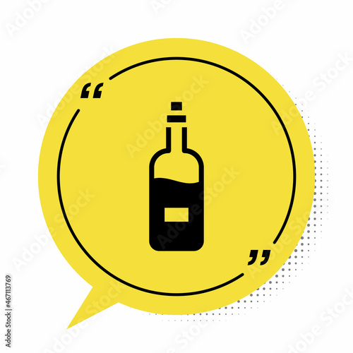 Black Bottle of wine icon isolated on white background. Yellow speech bubble symbol. Vector