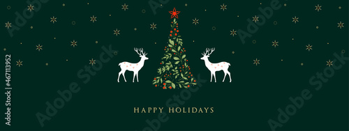 Horizontal Christmas, Holiday border with ornate floral Christmas Tree, reindeers and greetings. Merry xmas header or banner. Wallpaper or backdrop decor.