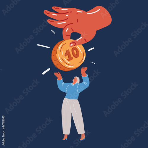 Vector illustration of woman holding money coin concept over dark background.