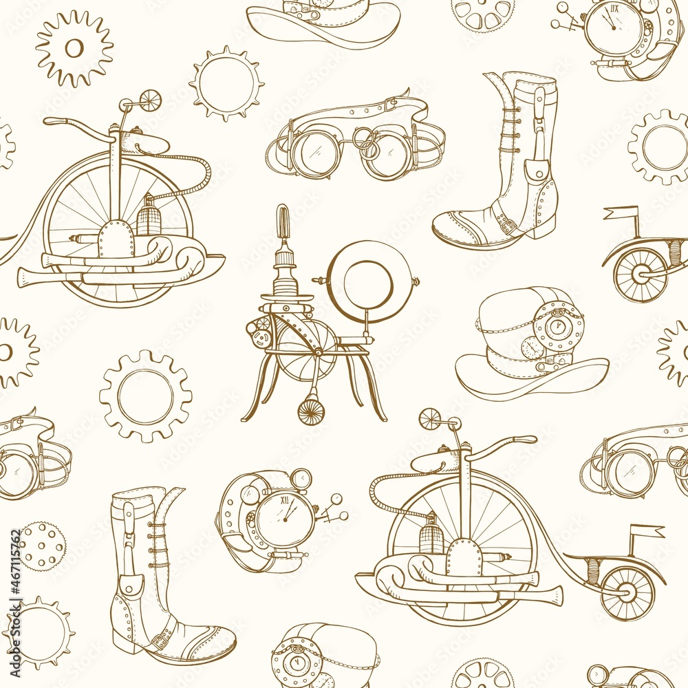 Monochrome seamless pattern with steampunk attributes and apparel hand drawn with contour lines on light background. Backdrop with steam powered machines. Realistic vector illustration for wallpaper