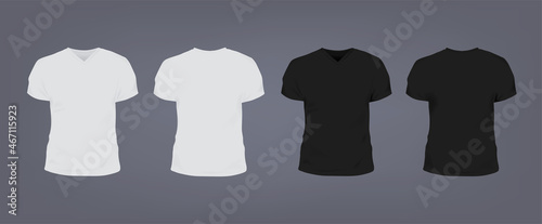 Set of realistic white and black unisex slim-fit t-shirt with v-neck. Front and back view. Vector illustration collection on gray background.