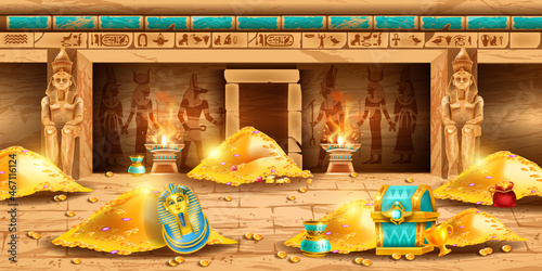 Egypt pharaoh treasure background, vector game ancient pyramid interior, tomb secret room, gold pile. Archeology illustration, stone sarcophagus, vintage chest, hieroglyph. Egypt treasure chamber