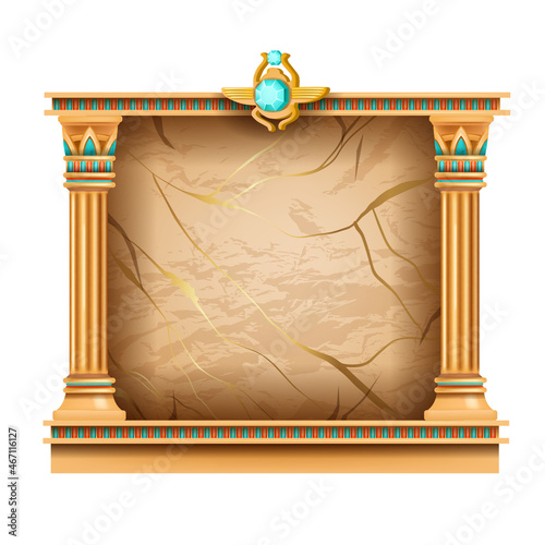 Egypt game frame vector illustration, ancient UI medieval background, cracked stone panel, scarab, column. User interface vintage mythology menu screen, old civilization ornament. Egypt game banner