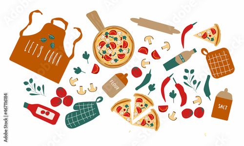 Pizza and all ingredients for cooking it. Make your pizza. Set of products and tools for pizza making. Everything for dough, filling and sauce. Vector illustration in flat style.