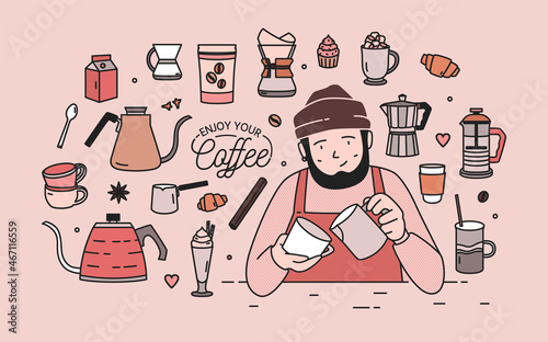 Man with beard wearing hat and apron surrounded by desserts, spices and tools for coffee brewing - french press, moka pot, turkish cezve, kettle with long spout. Vector illustration in line art style.