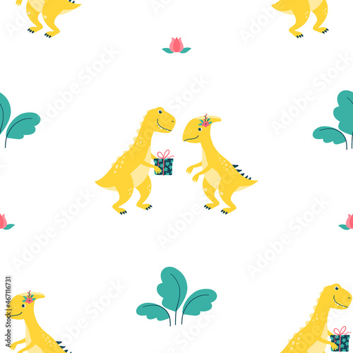 Vector seamless pattern with cute dinosaurs and leaves on a white background, he gives a gift