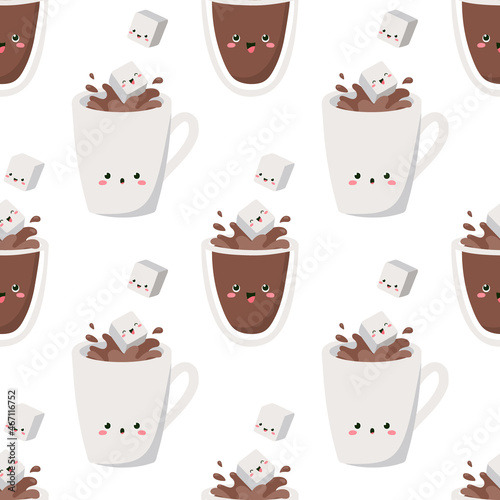 Sugar cubes are jumping into cups and glasses of coffee. Vector seamless pattern on white background