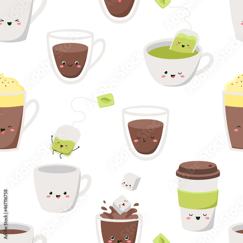 Vector seamless pattern with cups and glasses with tea and coffee on a white background