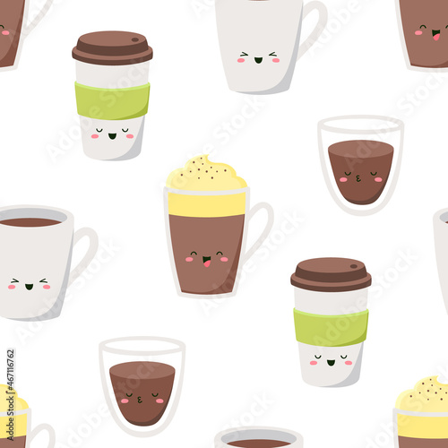 Vector seamless pattern with cups of coffee on a white background