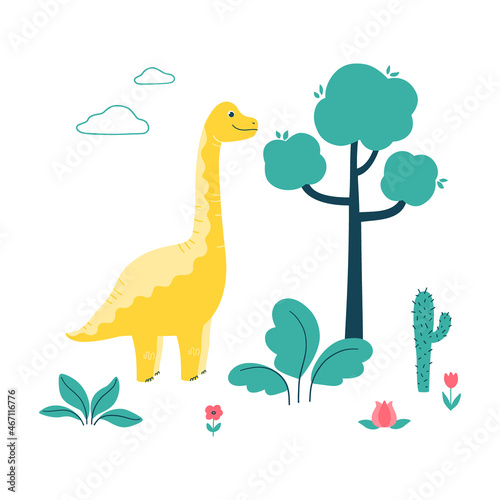 Cute dinosaur with leaves, flowers, tree, clouds. Character isolated on white background. Vector illustration