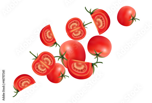 Fresh tomato flying of pieces in the middle on white background. Realistic 3D vector illustration.