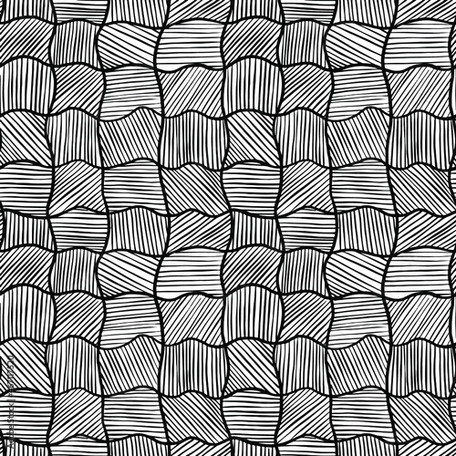 Checkerboard pattern - asymmetrical squares with hatching on a white background, seamless pattern