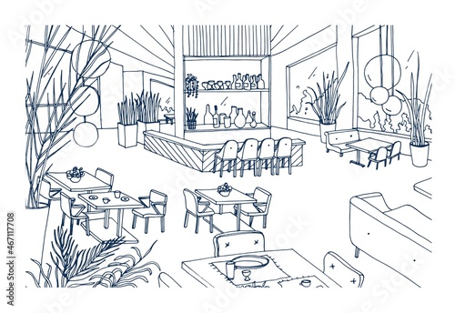 Restaurant or bistro interior with modern furnishings hand drawn with contours on white background. Freehand drawing of cafe or bar furnished in elegant loft style. Monochrome vector illustration