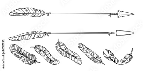 Arrow with tribal feathers. Decorative boho indian arrowheads and feathers. Native aztec or hipster tattoo sketch isolated in white background