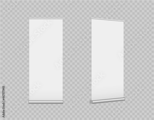 Vector realistic roll-up banners isolated on a transparent background. Vertical template for branding advertising, conferences, shows. Mobile sliding advertising stands. Mock-up. EPS10.
