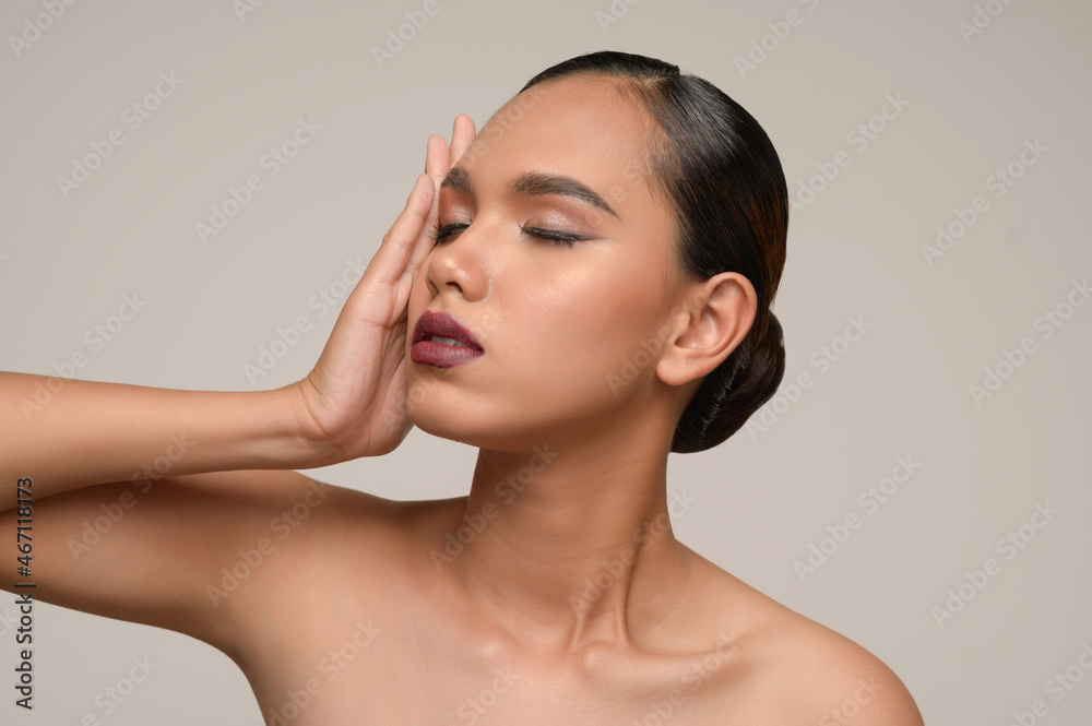 Beauty Portrait Beautiful asian Model Touching Face by Hand Beauty Portrait Beautiful asian Model Touching Face by Hand