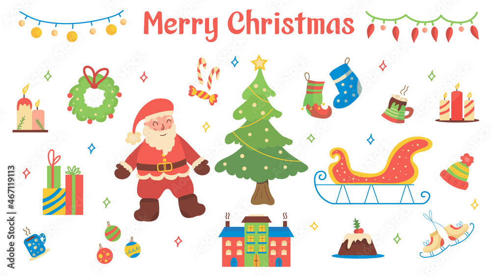 Christmas and New Year set on a white background. Collection of flat vector illustrations with santa claus, christmas tree, present, candles, candies, skates, christmas socks, cocoa, cake, sleigh.