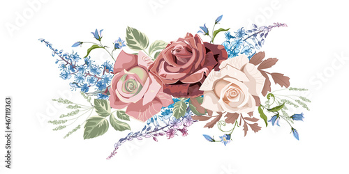 Flowers bouquet of peachy cream roses and the bell flower, isolated on white background.