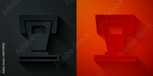 Paper cut Stage stand or debate podium rostrum icon isolated on black and red background. Conference speech tribune. Paper art style. Vector