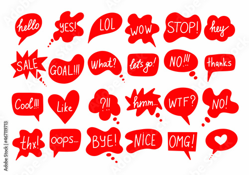 Hand draw bubble talk phrases set. Online chat clouds with different words comments information shapes. Vector bubble talk doodle forms isolated on white background. Speech bubbles with short phrases