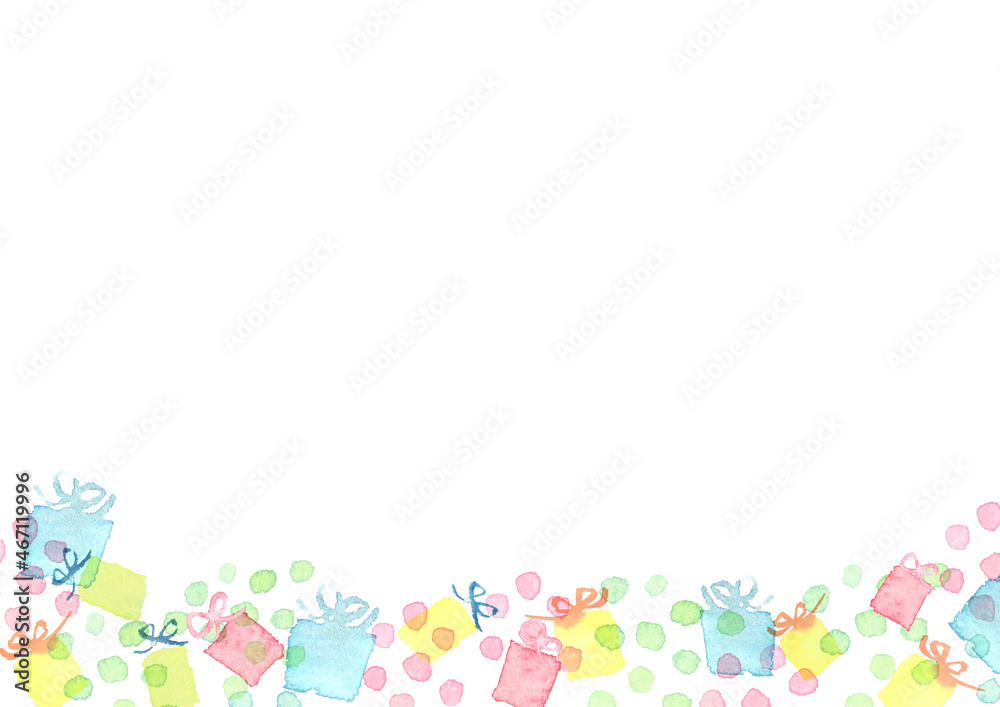水彩で描いたプレゼントと水玉の背景イラスト
水彩で描いたプレゼントと水玉の背景イラスト