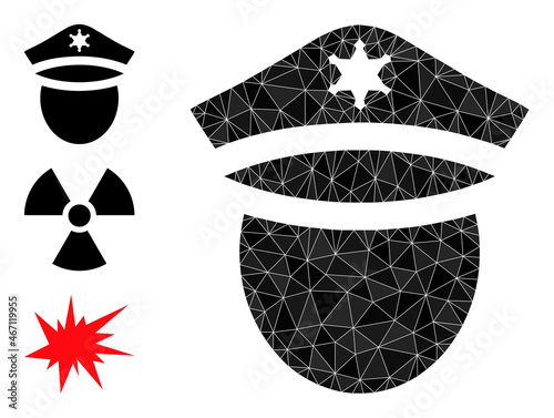 lowpoly police head icon, and similar icons. Polygonal police head vector is designed from random triangles. Flat geometric 2d modeling symbol is created from police head icon.
