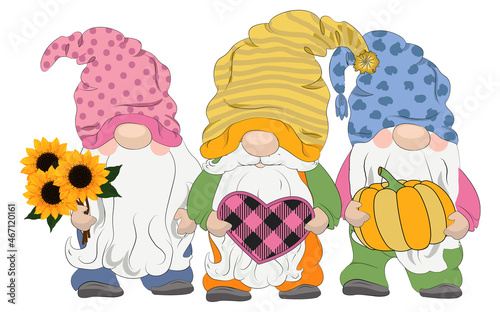 Cartoon gnomes with autumn elements. Fall gnomes are designed for sublimation. Design with gnomes for the t-shirt,  for holiday cards, posters, invitations, etc..