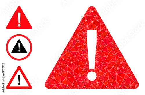 Low-poly warning icon, and bonus icons. Polygonal warning vector is constructed with randomized triangles. Flat geometric polygonal illustration is designed by warning icon.