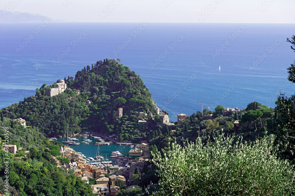 panoramic aerial view of the bay and the promontory of Portofino