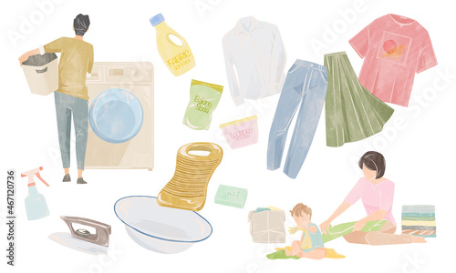 洗濯用品手書き水彩風イラスト
