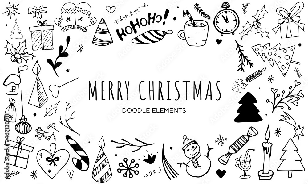 Merry Christmas background of doodle symbols of the new year. Hand-drawn symbols of the new year: gifts, Christmas tree, balloons, firecrackers, candles. Vector illustration of eps10