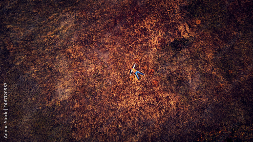 Aerial drone view of a man lying in autumn colored grass.