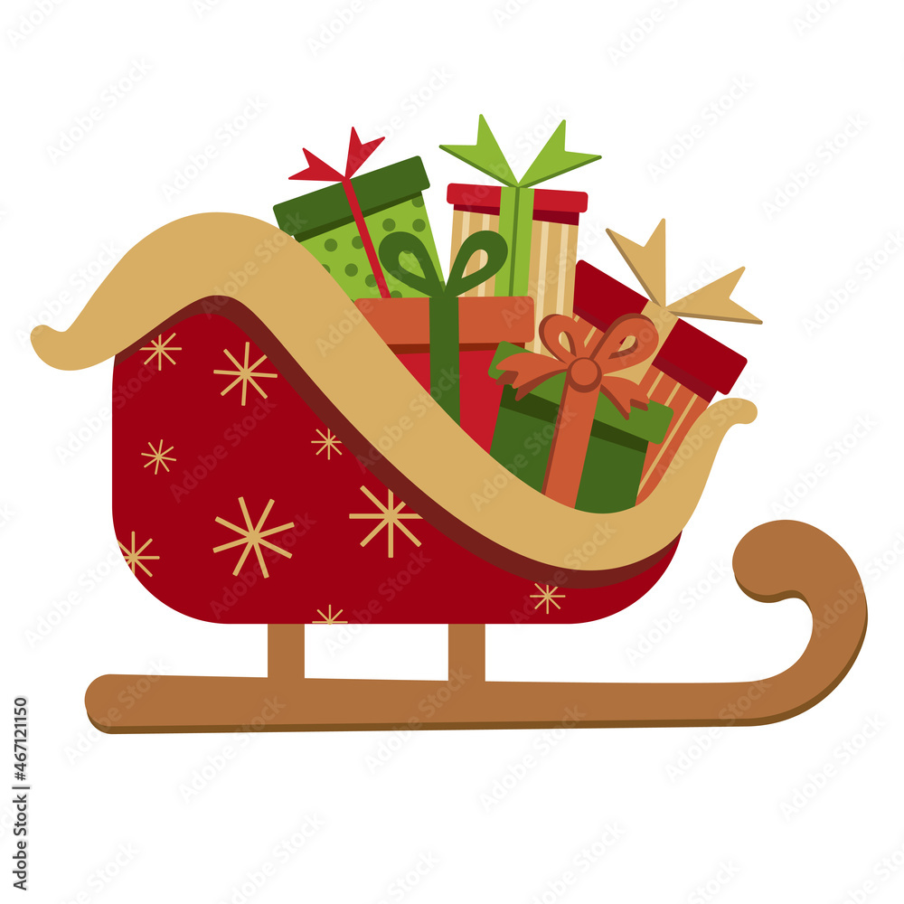 Naklejka premium Vector flat illustration of Christmas gifts in Santa Claus sleigh on a white background. New Year's card banner Christmas gifts in Santa Claus sleigh. EPS10.