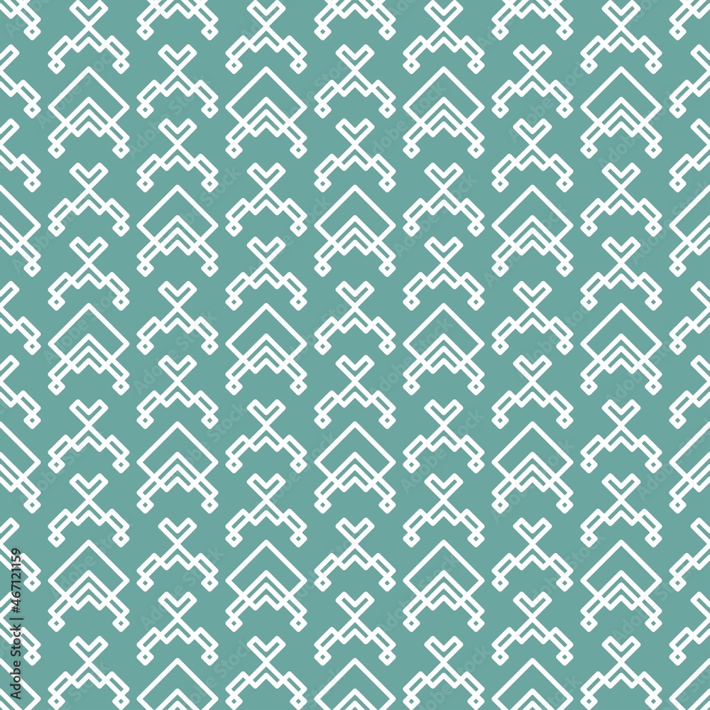 Seamless pattern with white strokes on blue background. Ethnic symmetric background.