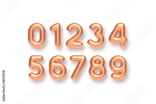 Copper numbers vector set. 3d realistic metal characters. Decorative elements for banner, cover, birthday or anniversary party.