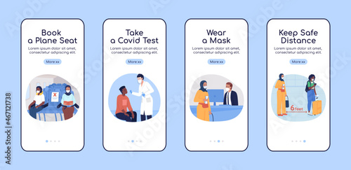 After covid travel onboarding mobile app screen flat vector template. Walkthrough website 4 steps with characters. Creative UX, UI, GUI smartphone cartoon interface, case prints set