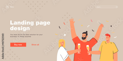 Happy group of people celebrating together. Flat vector illustration. Men and women with sparklers, glasses of champagne, standing under confetti. Holiday, corporate party, friendship concept