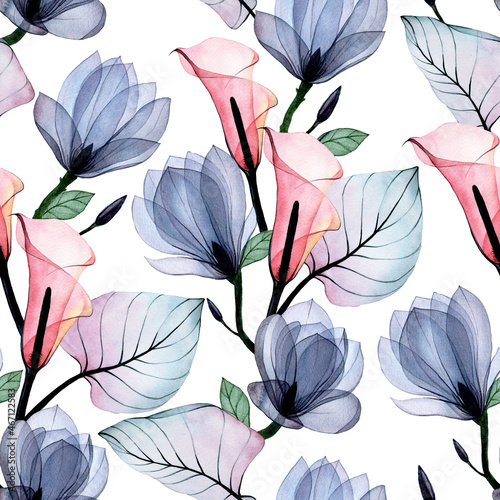 watercolor seamless pattern with transparent tropical flowers and leaves of kala and magnolia. a delicate, delicate print in pastel dusty pinks and blues or a white background.