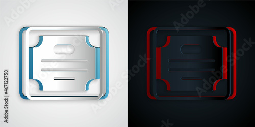 Paper cut Certificate template icon isolated on grey and black background. Achievement, award, degree, grant, diploma concepts. Paper art style. Vector