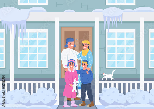 Happy family at home entrance flat color vector illustration. Husband and wife posing with son and daughter on home porch. Smiling relatives 2D cartoon characters with landscape on background