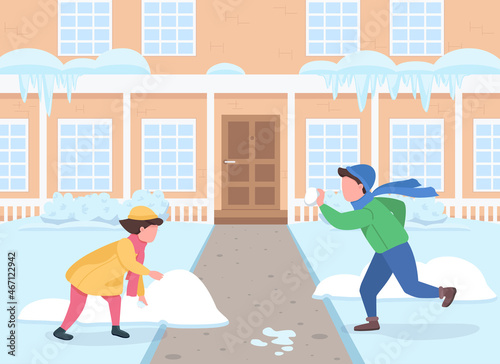 Snowball fight in home yard flat color vector illustration. Kids having fun outside residential home. Boy and gitl in coats. Playing children 2D cartoon characters with landscape on background