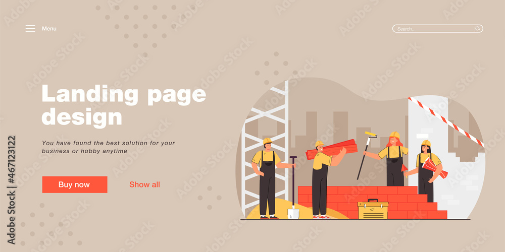 Young cartoon people constructing brick building. Flat vector illustration. Builders with shovel, trowel, paint roller standing near wall of future house. Construction, architecture, team work concept