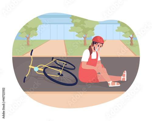 Bicycle accident in childhood 2D vector isolated illustration. Crying little girl fallen off bike flat character on cartoon background. Cycling related trauma experience colourful scene