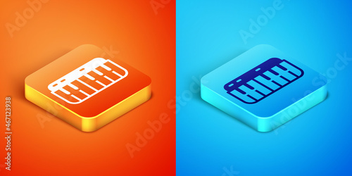 Isometric Music synthesizer icon isolated on orange and blue background. Electronic piano. Vector