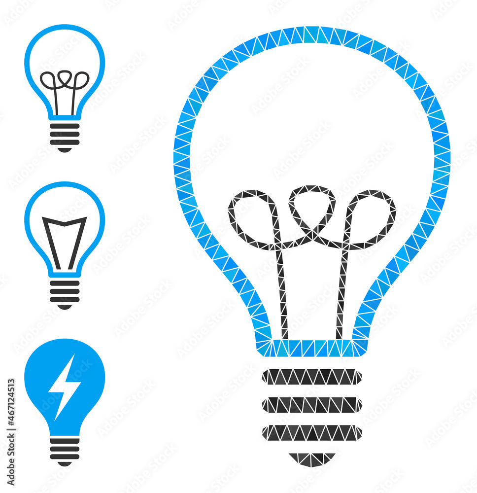 lowpoly lamp bulb icon, and other icons. Polygonal lamp bulb vector is designed from randomized triangles. Flat geometric polygonal symbol designed by lamp bulb icon.
