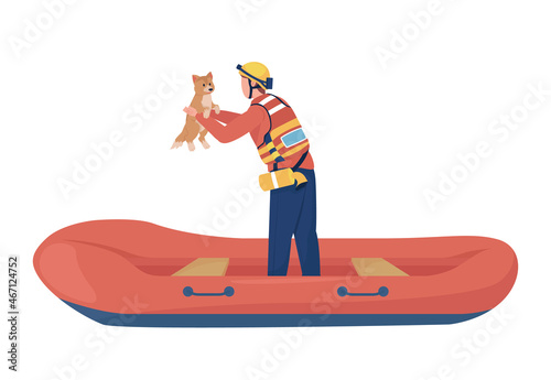 Rescuer saving dog from water semi flat color vector character. Full body person on white. Water rescue mission isolated modern cartoon style illustration for graphic design and animation