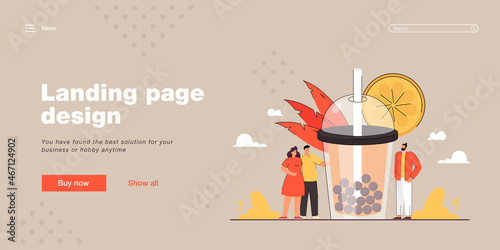Tiny people standing next to huge glass of bubble tea. Orange boba milk tea in takeaway plastic cup with straw flat vector illustration. Summer drink, fruits concept